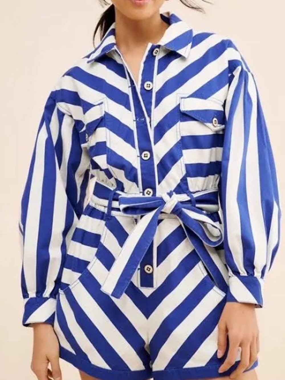 FARM Rio Blue and White Striped Belted Denim Romper XS